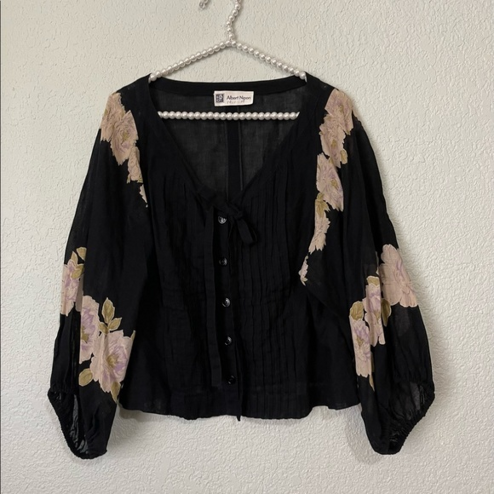 Albert Nipon Vintage Pin-Tuck Boxy Neck Tie Blouse 12 Medium